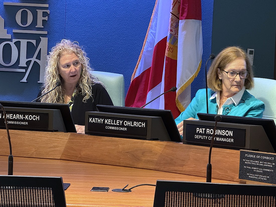 City Commissioner Jen Ahearn-Koch (left) supported Commissioner Kathy Kelley Ohlrich's motion to set the citywide max millage rate at 3.3 in hopes of setting the final rate at 3.273 for fiscal year 2026.