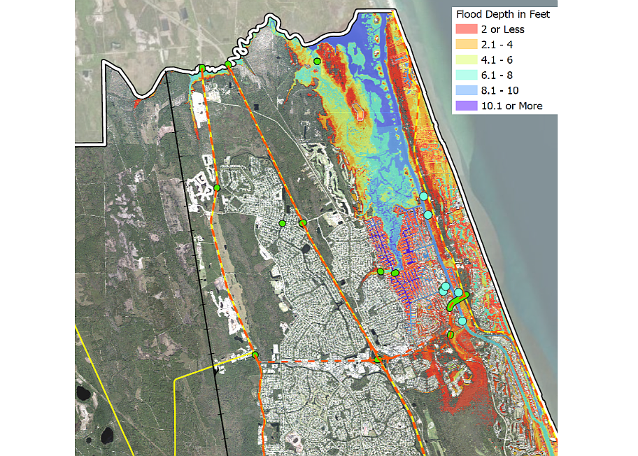A map depicting the impact to transportation assets during a flood event for a 500-year storm. Red areas show 2 feet or less of water while purple areas show over 10 feet of water. Image from vulnerability assessment presentation