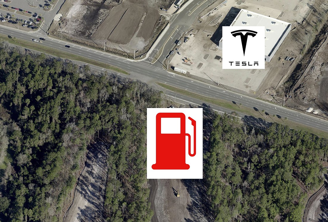 Development of a gas station is being explored along the south side of Atlantic Boulevard south of the Tesla sales, service and delivery center and the AutoNation USA used-car dealership.