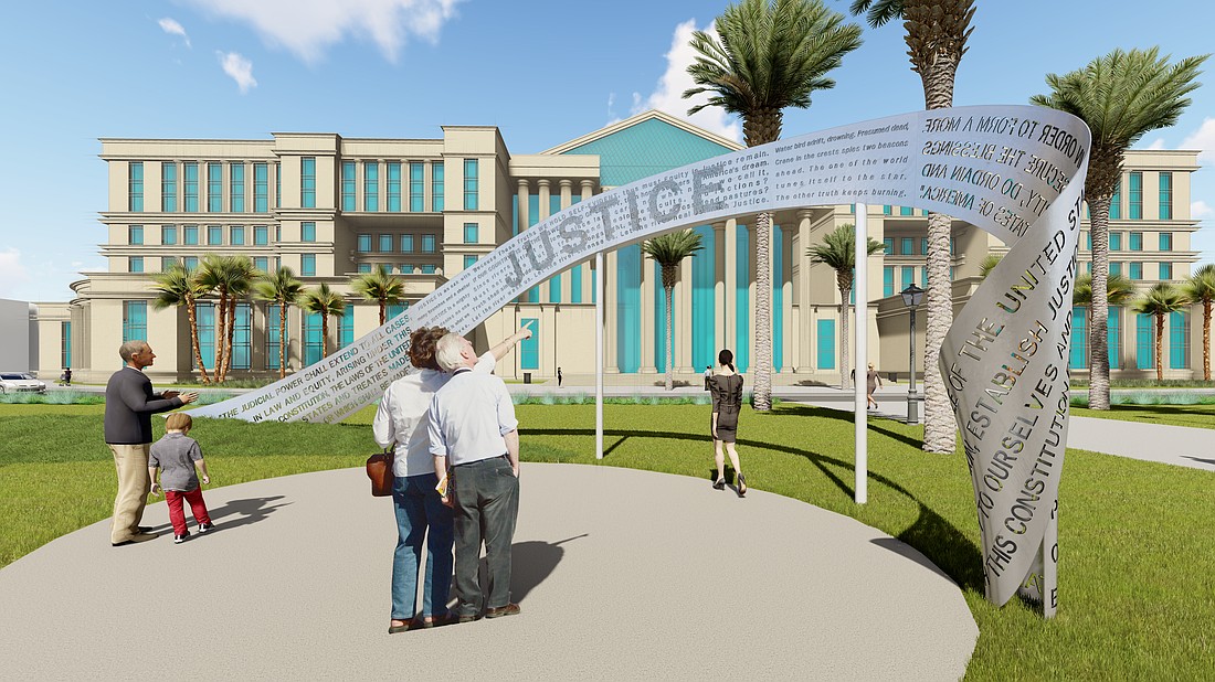 The Duval County Courthouse Plaza Art project design features two stainless steel ribbons emblazoned with the words “Justice,” “Equality,” “Truth” and “Freedom.” The Artwork Selection Panel of the Cultural Council of Greater Jacksonville plans to review the final design in August.