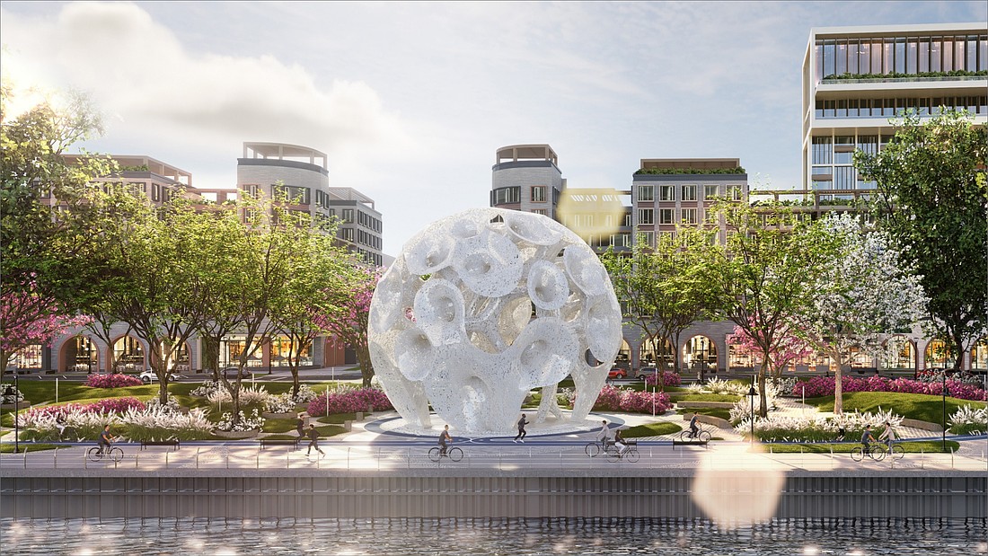 The city issued a permit Aug. 1 for a sculpture called The Pearl at the RiversEdge development on the Downtown Southbank. The Pearl is the centerpiece of the development's Central Park.
