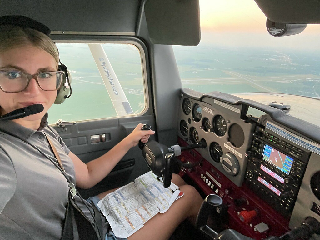 Jasmine Vitkauskas takes the controls during her flight Academy at Indiana Wesleyan University. Courtesy photo