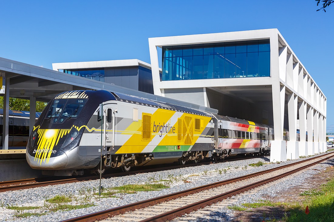 A Brightline train in West Palm Beach. Brightline has stations in Aventura, Boca Raton, Fort Lauderdale, Orlando, Miami and West Palm Beach.