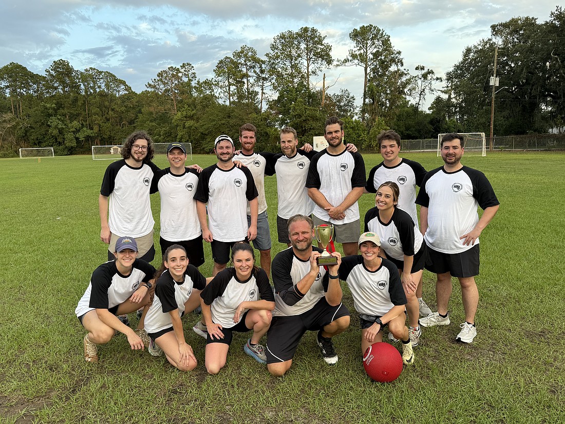 The Ballbarians are the 2025 JBA Young Lawyers Section Kickball League champions. Top row from left: Jacob Abel, Jagger Lieb, Nicholas Concilla, Paul Palasz, Garth Cheek, Tucker Norton, Samuel Beltrami and Wayne Selogy. Bottom row from left: Alexandra Hess, Julianna Favale, Carly Hazelip, John Weedon (captain), Rachel Learn and Gigi Rivera. Team members not pictured: Corie Posey, Clare Kelly, Adina Pollan, Andrew Dugue and Obinna Anum.