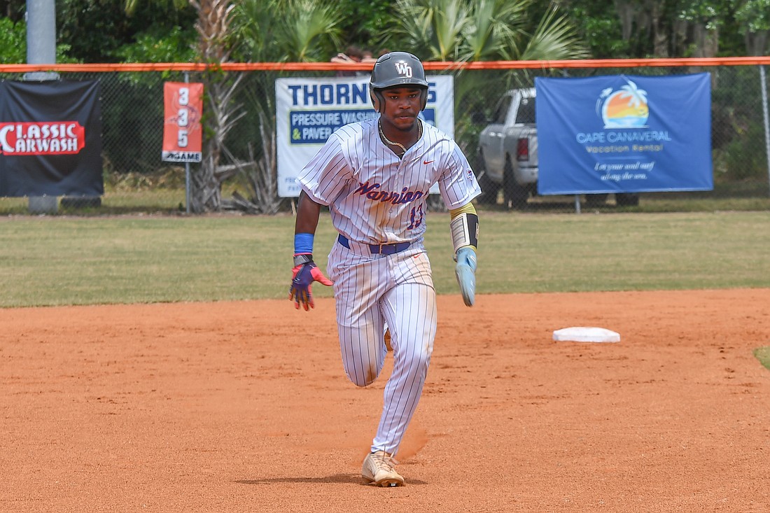 West Orange baseball's Miguel Acosta sprinted toward third base.