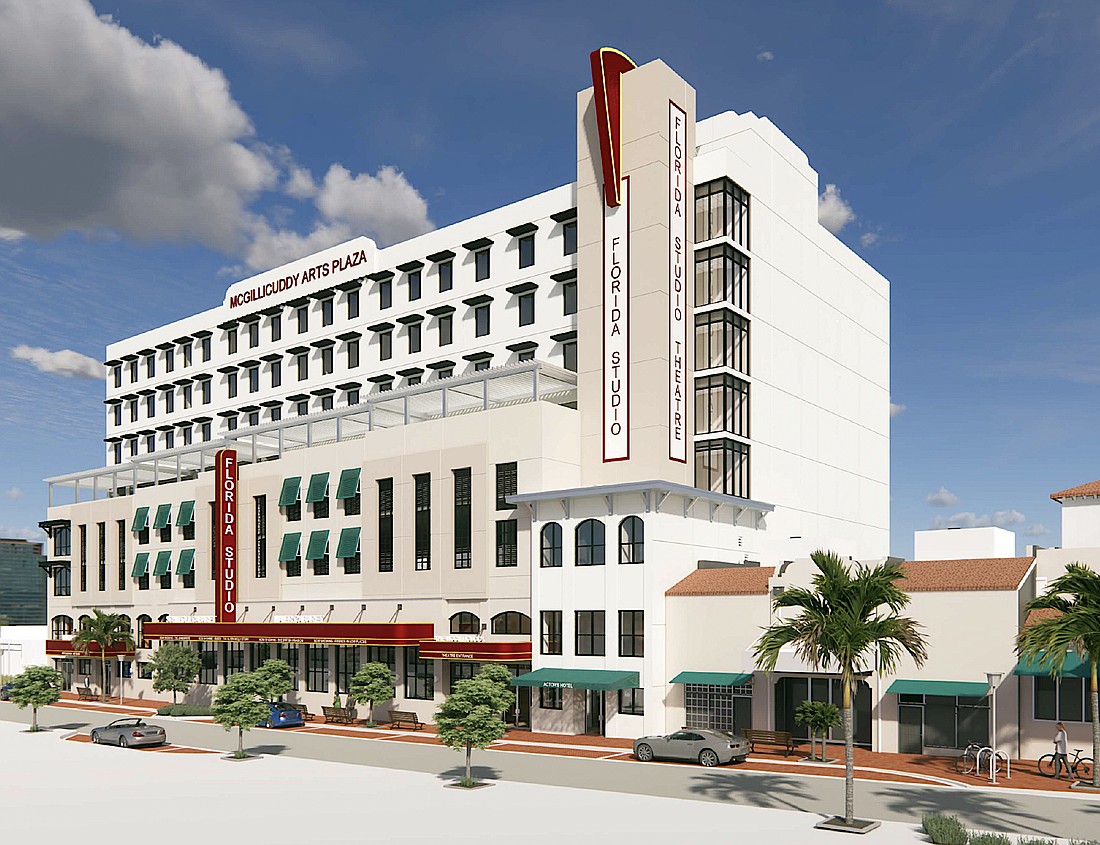 The rendering of Florida Studio Theatre's McGillicuddy Arts Plaza shows marquee signage granted as adjustments by the Sarasota Planning Board.