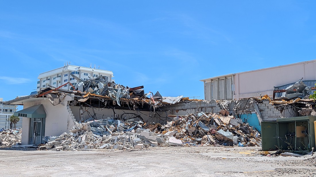 Sandcastle Resort at Lido Beach was a 176-unit hotel on Benjamin Franklin Drive. On Wednesday, Aug. 13, demolition continued on the building which suffered extensive damage from 2024 hurricanes.