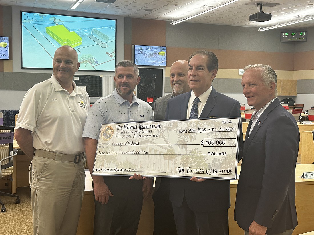 Volusia County Emergency Management Director is Clint Mecham, County Councilmen Danny Robins and Matt Reinhart, Sen. Tom Wright and County Councilman Jake Johansson. Courtesy poto