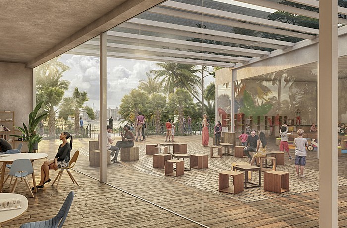 A conceptual rendering of the planned Learning Pavilion Terrace Garden for Selby Gardens Master Plan Phase 2.