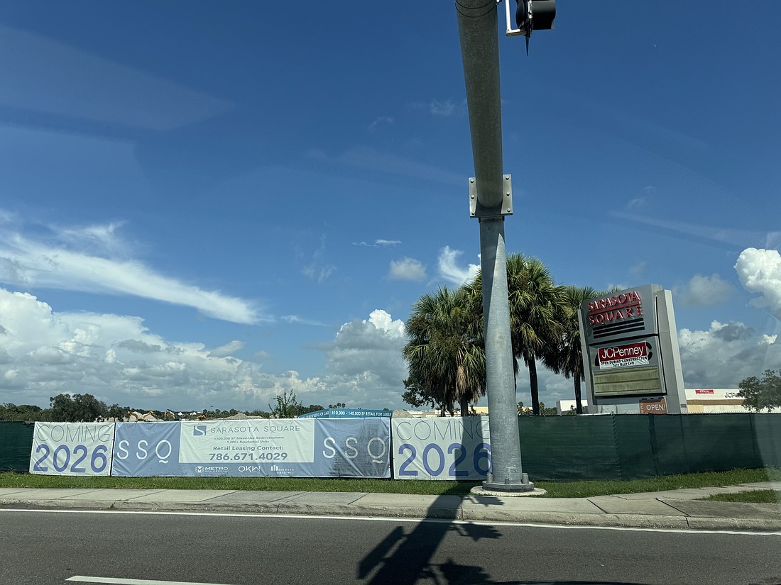 Signage promotes "SSQ" coming in 2026 to the site that was formerly the Sarasota Square Mall.