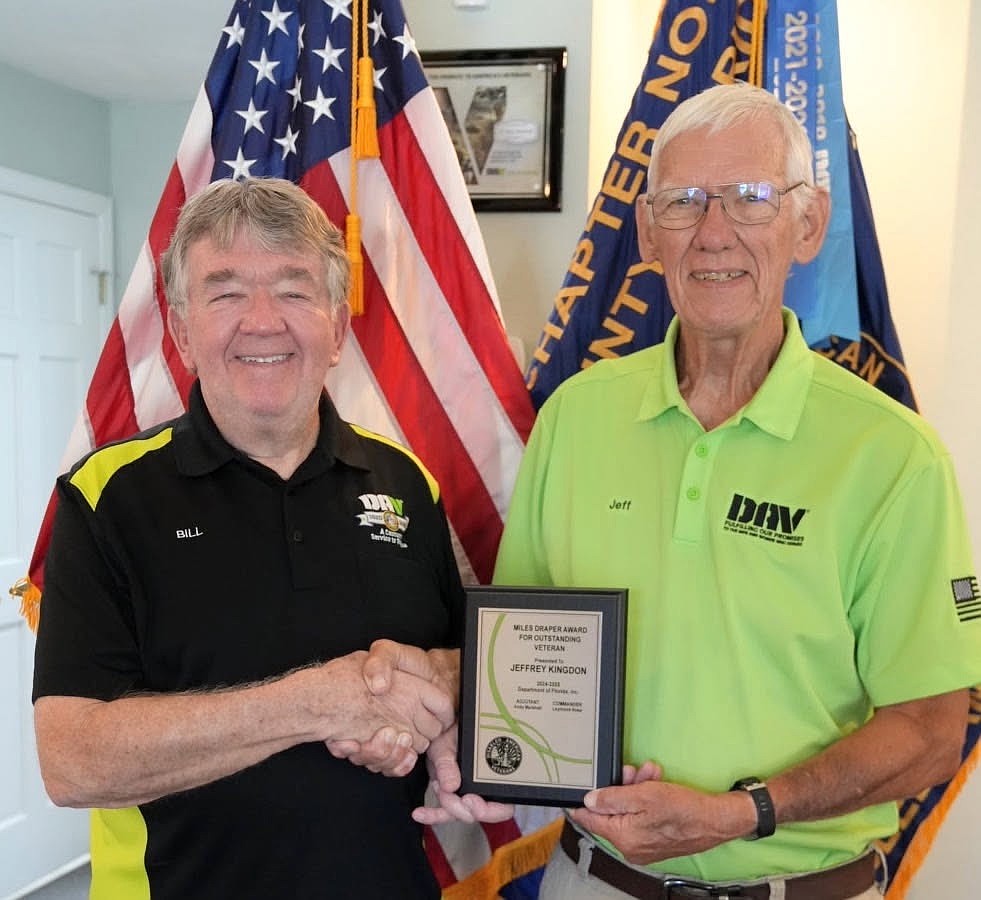 DAV Chapter 86 Commander Bill May (left) presents Jeffrey Kingdon with the Miles Draper Award for Outstanding Veteran. Courtesy photo