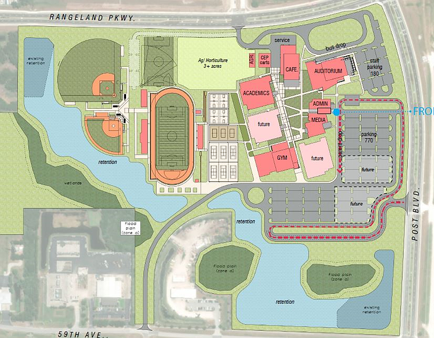 The School District of Manatee County proceeds with the full high school option with two academic buildings instead of one, which provides 2,000 student stations.