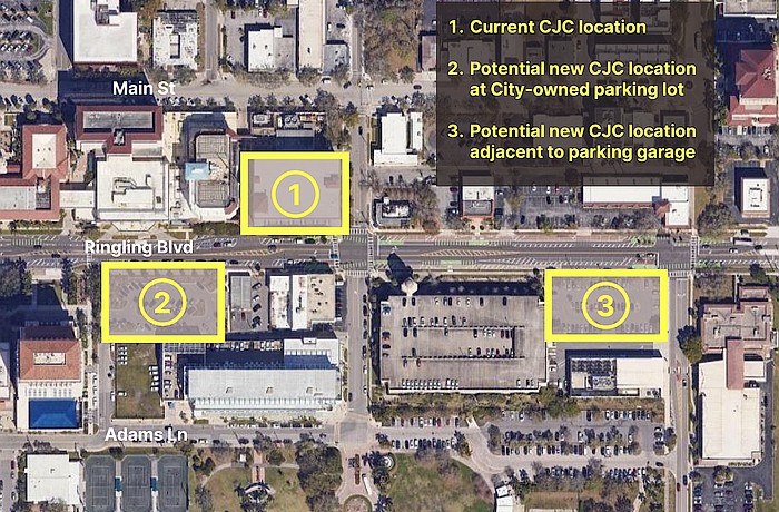 To make way for an expansion of the County Jail, Sarasota County must move the Criminal Justice Center from location 1, and has requested the city engage in negotiations regarding its parking lot at location 2 with an option to place it at location 3.