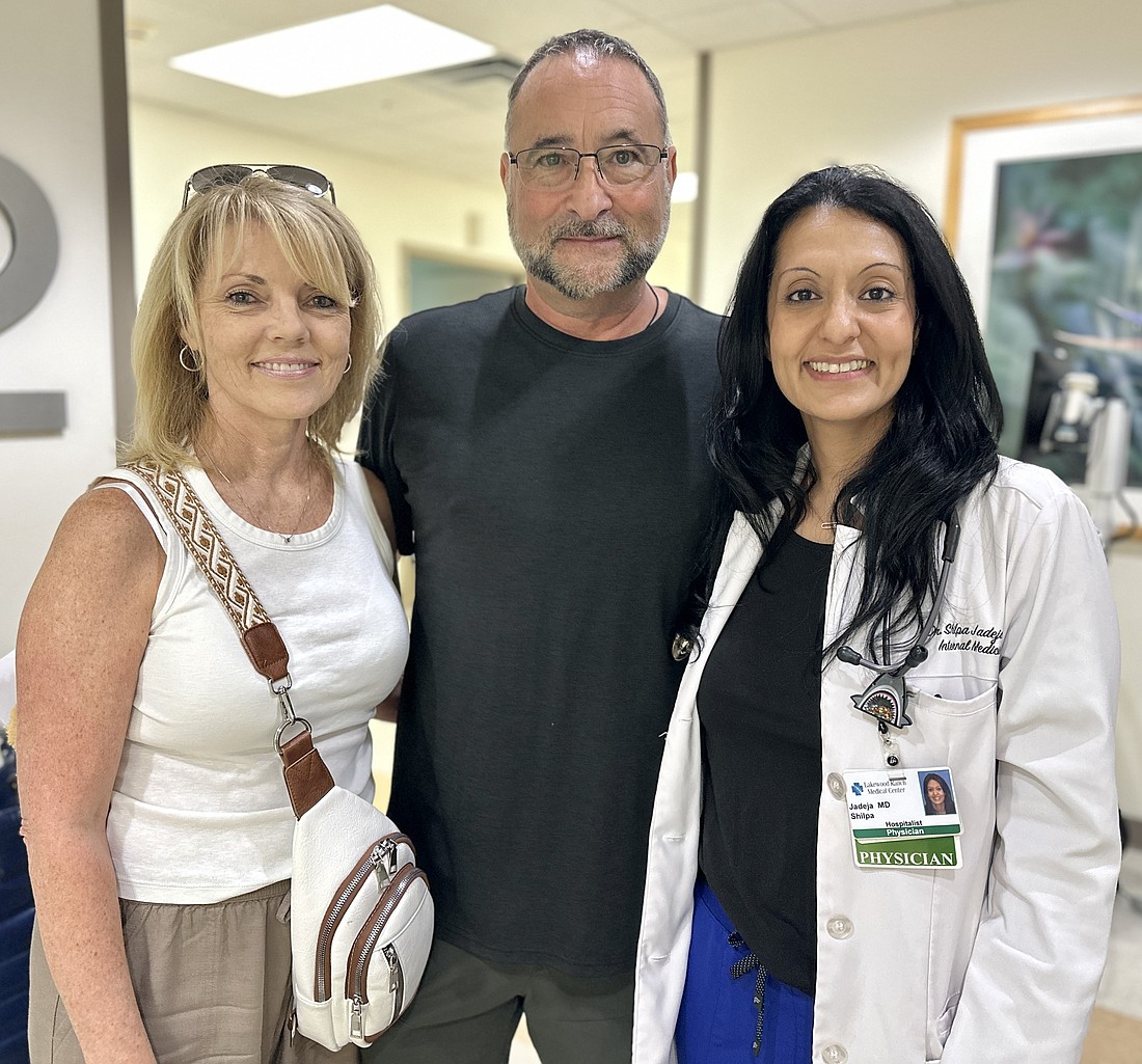 Denise Allen and fiancé Mark Latcheran of Parrish visit with Dr. Shilpa Jadeja, who was part of Latcheran's care team at Lakewood Ranch Medical Center.
