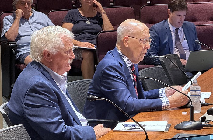 Purple Ribbon Committee Chairman Charles Cosler presents the committee's report to the Sarasota City Commission while facilitator Jim Shirley (left) looks on.