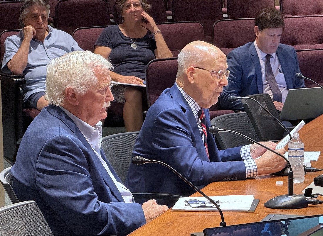 Purple Ribbon Committee Chairman Charles Cosler presents the committee's report to the Sarasota City Commission while facilitator Jim Shirley (left) looks on.