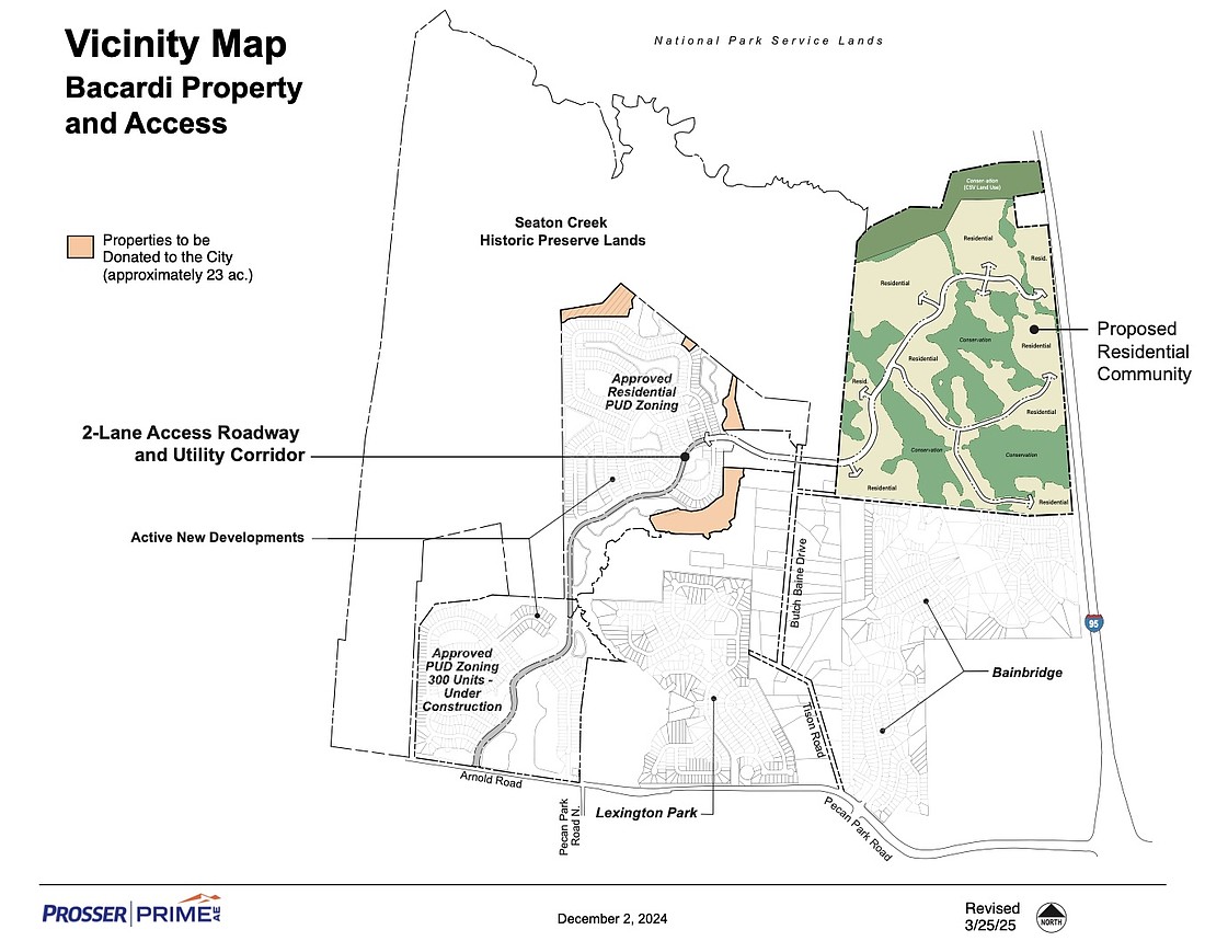 A development of 650 single-family homes, "paired villas" and townhomes is planned on nearly 345 acres of land owned by the Bacardi Bottling Corp. west of Interstate 95 and north of Pecan Park Road.