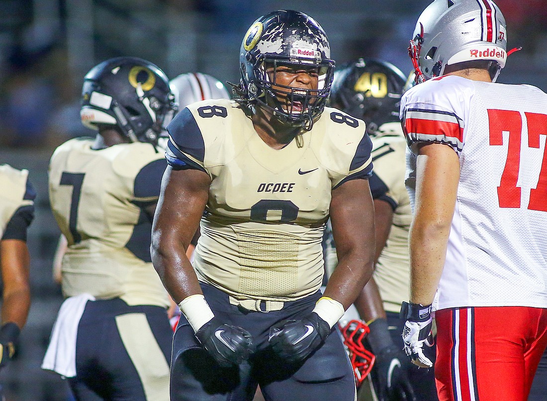 Former Ocoee standout Jordan Phillips celebrated during a game against Lake Mary High.
