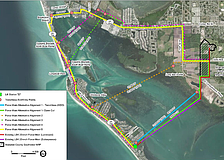 This map shows the potential routes considered to replace the aging metal subaqueous wastewater pipeline which connects Longboat Key's wastewater to a Manatee County treatment center across Sarasota Bay. The line in solid light green is the route that was chosen, and the solid red and purple lines show where the existing pipe is located.