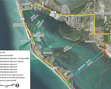 This map shows the potential routes considered to replace the aging metal subaqueous wastewater pipeline which connects Longboat Key's wastewater to a Manatee County treatment center across Sarasota Bay. The line in solid light green is the route that was chosen, and the solid red and purple lines show where the existing pipe is located.