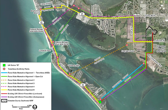 This map shows the potential routes considered to replace the aging metal subaqueous wastewater pipeline which connects Longboat Key's wastewater to a Manatee County treatment center across Sarasota Bay. The line in solid light green is the route that was chosen, and the solid red and purple lines show where the existing pipe is located.