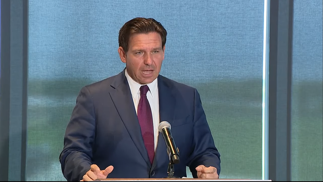 Florida Gov. Ron DeSantis spoke at Tampa International Airport on Tuesday, Aug. 26, 2025, about the state's nearly $1 billion investment in transportation infrastructure projects such as the Howard Frankland Bridge and a major Pinellas County expansion of Interstate 275.