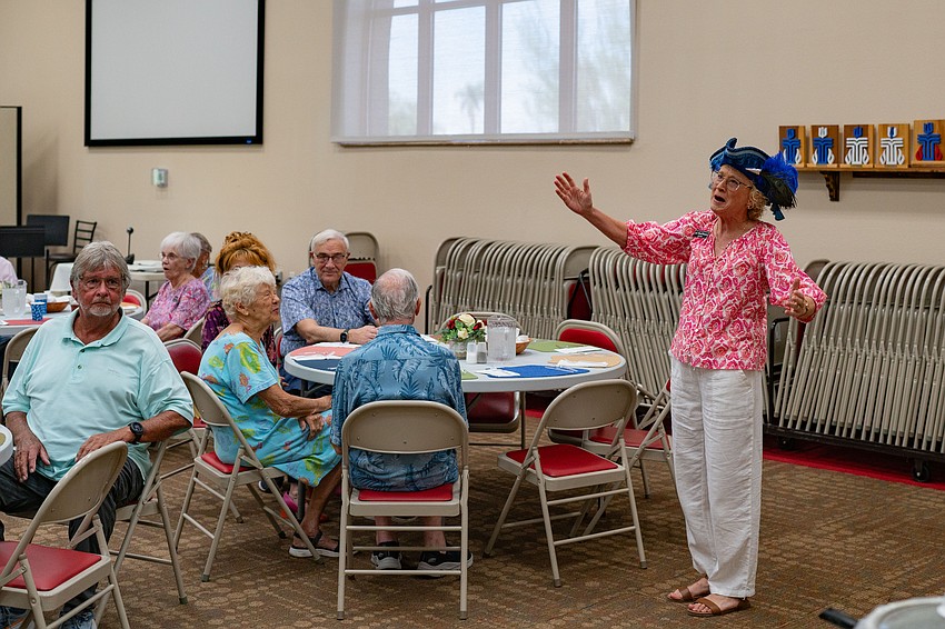 Christ Church of Longboat Key pastor Julia Piermont addresses attendees of the 2025 edition of the fish fry at the church Thursday, Aug. 27. When Piermont moved to the Gulf Coast from the midwest, her husband said she needed a pirate hat and a pirate name — she chose Longboat Julia.