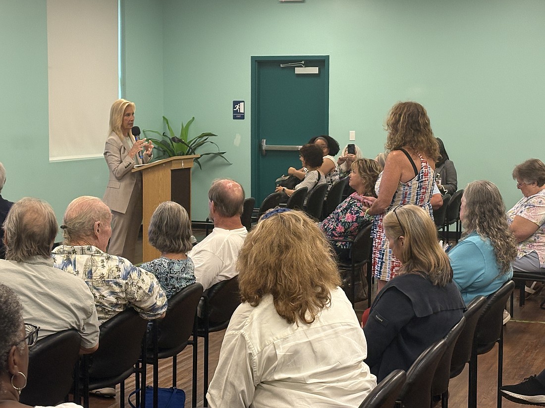 Jacksonville Mayor Donna Deegan speaks at a town hall meeting Sept. 2 about the city budget at the Mandarin Senior Citizen Center.