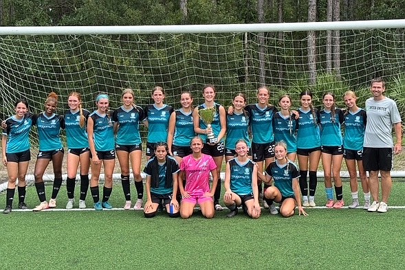 Inter-United's U17 girls soccer team won the Jacksonville FC Labor Day Shootout. From left (back row): Alexandria Villalobos, Victoria Cardenas, Julia McKenna, Belle Alford, Rhyan Bennett, Marianna Dimilla, Rebeka Cordero, Hailey Sammons, Anastasia Wilgis, Charlie Parsons, Nicolle Raciborski, Kaylin Henthorn, Chloe Ascone, Carsyn O’Linn and Coach Casey O’Linn. Front row: Alexa Sanchez, Ella Forbes, Zoe Almberg and Payton Daniels. Not pictured: Adelyn Allen, Colby Vitale and Emma Lightfoot. Courtesy photo