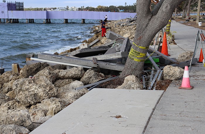 Among the storm damage to city property is the Sarasota Bay shoreline at the Van Wezel Performing Arts Hall.