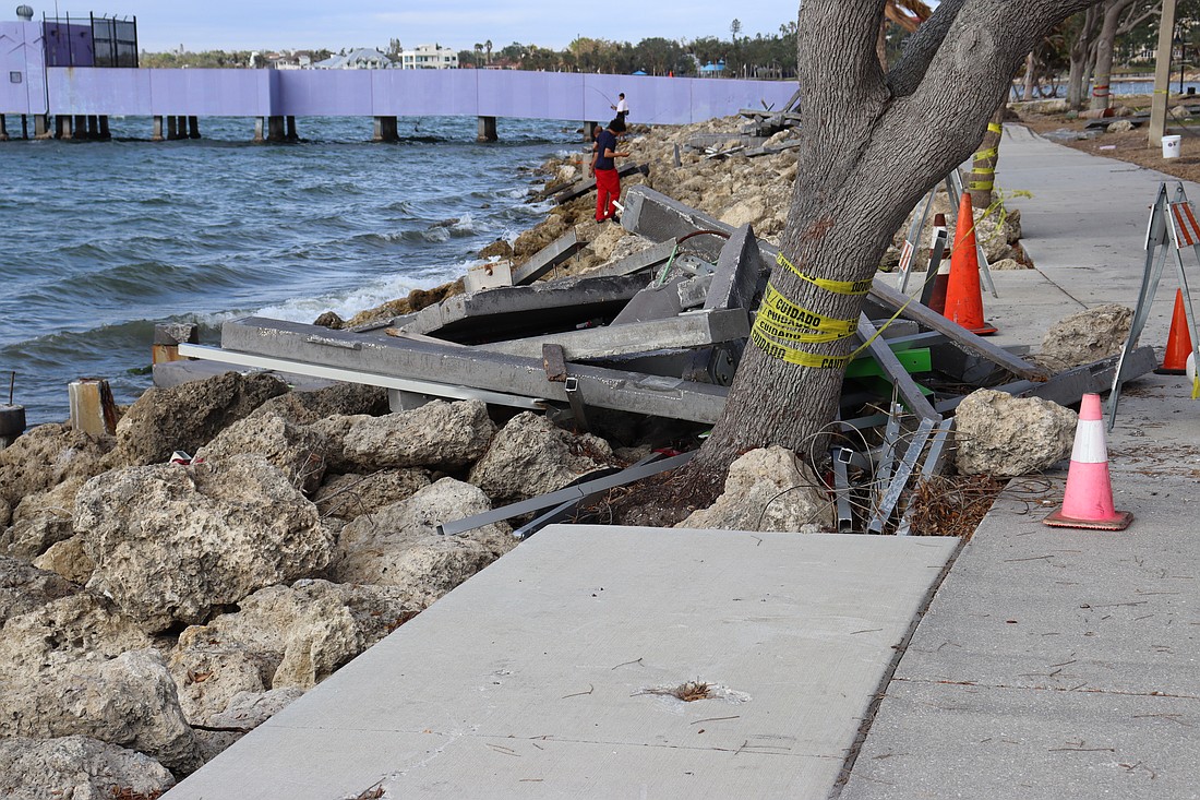Among the storm damage to city property is the Sarasota Bay shoreline at the Van Wezel Performing Arts Hall.
