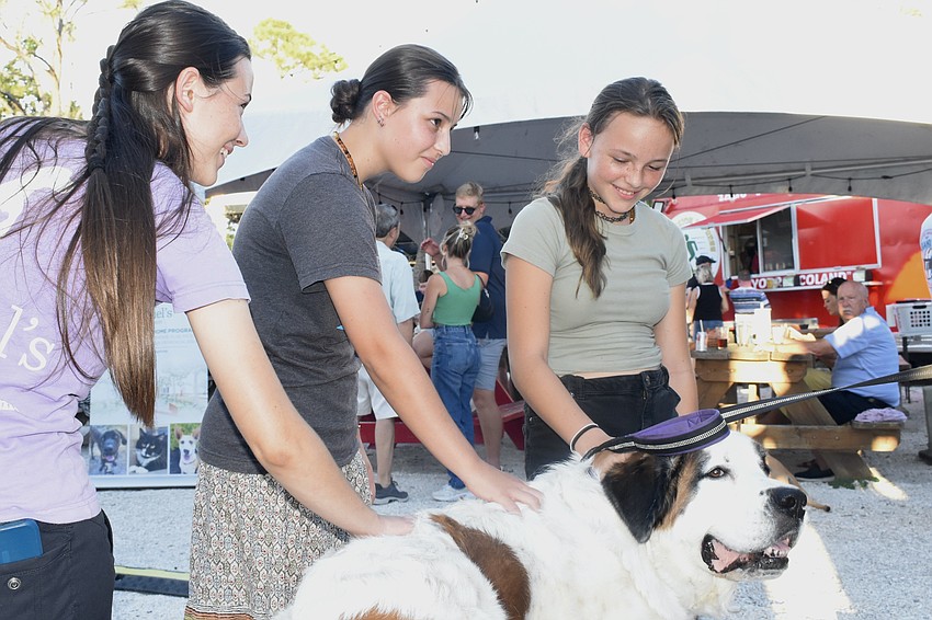 Sisters Clara Logsdon, 18, Ellie Logsdon, 16, and Juliet Logsdon, 13, pet Ivy, a St. Bernard belonging to Bill and Anja Morehouse.