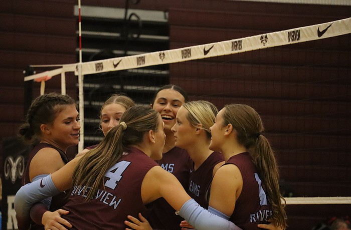 Riverview girls' volleyball celebrates after winning a point during a Sept. 4 match against Bradenton Christian. The Rams are off to a winning start in their 2025 campaign.