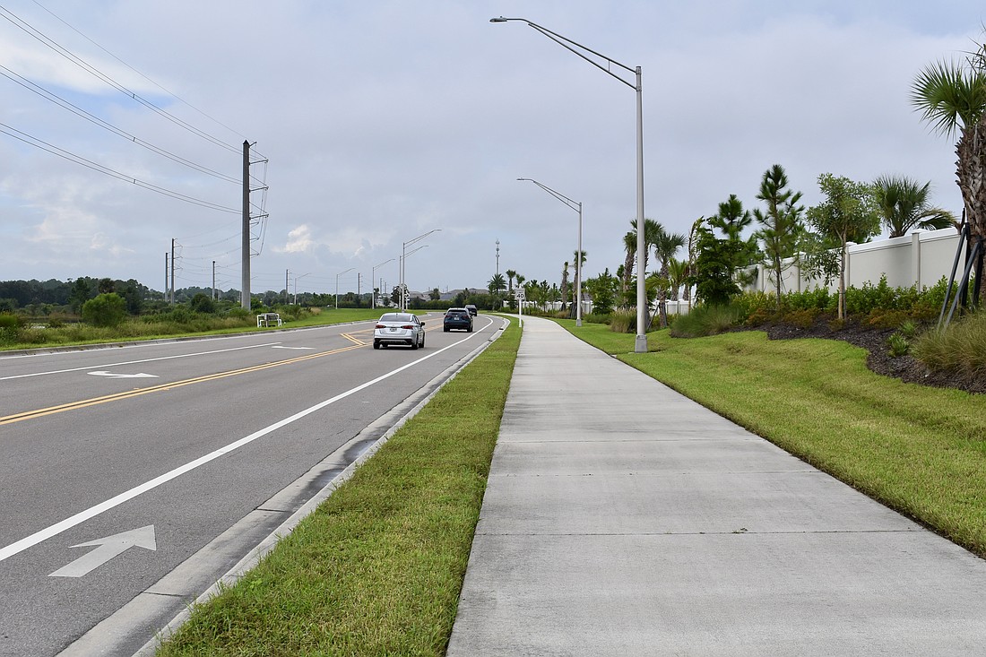 A 10-foot sidewalk runs along the west side of Bourneside Boulevard from State Road 64 to University Parkway. A 15-foot trail for the east side of Bourneside Boulevard between State Road 70 and University Parkway is being negotiated between Manatee County and Schroeder-Manatee Ranch.