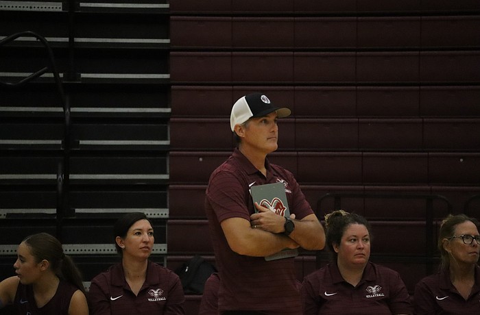 Riverview volleyball's Jason Mocherman looks on during a match. The third-year coach previously led the program to the 2024 FHSAA Class 7A regional quarterfinals.