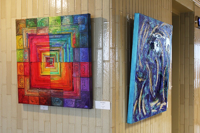 Works by local artists Diana deAvila and Medge Jaspan converge to make a colorful corner at a new art exhibition at Plymouth Harbor. The show is open to visitors through October.