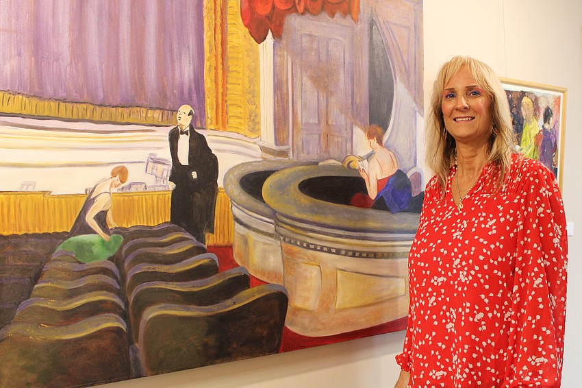 Artist Jo Jo Fusco crafted a larger-than-life opera house for the piece she shared at a Sept. 9 art exhibition opening at Plymouth Harbor.
