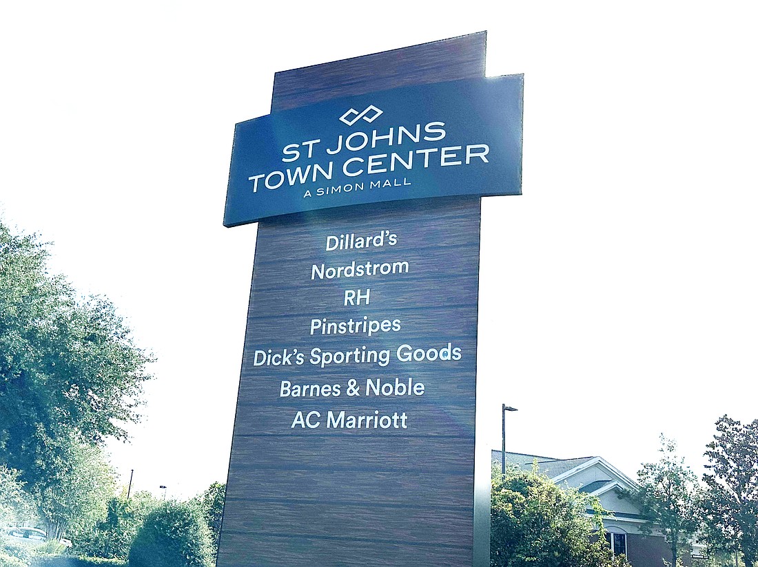 Pinstripes remained on the St. Johns Town Center entrance sign as of the morning of Sept. 10, 2025.