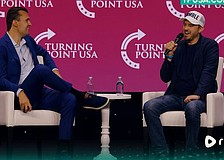 Charlie Kirk, left, and Chris Pavlovski share the stage at a Turning Point USA event. Pavloski, chairman and CEO of the video platform Rumble, said Kirk was an early investor in Rumble and played a large part in bringing Rumble's headquarters to Longboat Key.