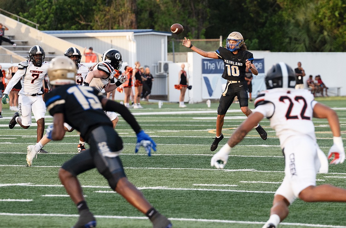 Mainland quarterback Sebastian Johnson (10) passes to wide receiver Kadin Flores (15) in a game against Spruce Creek on Sept. 12 at Daytona Stadium. File photo by Michele Meyers