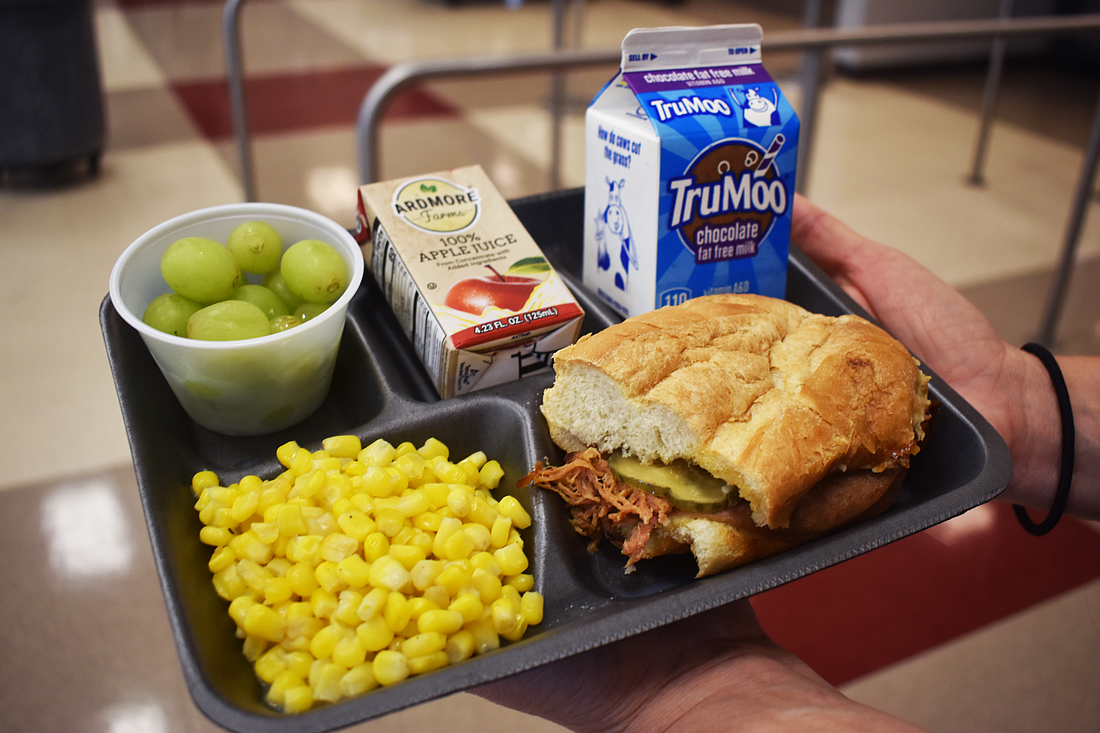The district makes sure students are served fruit and vegetables along with protein.