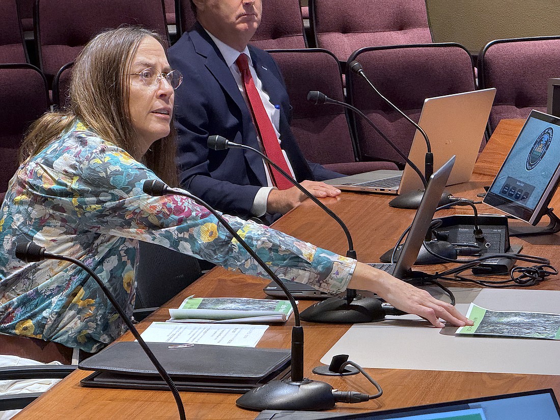 Laurel Park resident Kelly Franklin points to plans for Selby Gardens Master Plan Phase 2 development while addressing the Sarasota City Commission.