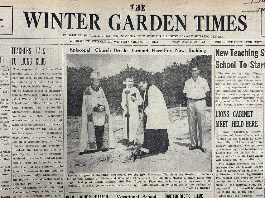 The Episcopal Church of the Messiah broke ground on its campus in 1954 with the assistance of the Right Rev. Martin J. Bram, left, acolyte David Barley, the Rev. Roye M. Frye and junior warden Jim Bock.