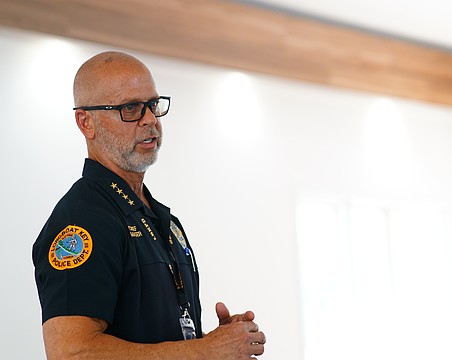 Longboat Key Police Chief Russ Mager speaks at a Rotary Club of Longboat Key meeting Tuesday, Sept. 16. Mager, who spent nearly three decades in law enforcement primarily in Delray Beach, said LBKPD has training requirements similar to the much larger city of Delray and that officers on the Key are well prepared for any event that may take place thanks to partnerships the department has with neighboring jurisdictions.