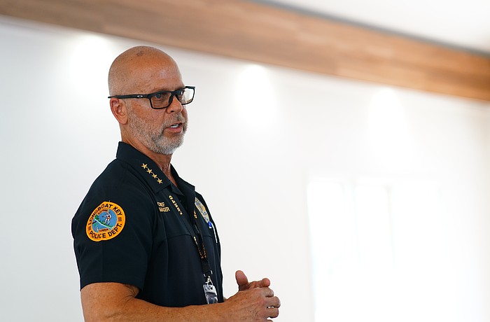 Longboat Key Police Chief Russ Mager speaks at a Rotary Club of Longboat Key meeting Tuesday, Sept. 16. Mager, who spent nearly three decades in law enforcement primarily in Delray Beach, said LBKPD has training requirements similar to the much larger city of Delray and that officers on the Key are well prepared for any event that may take place thanks to partnerships the department has with neighboring jurisdictions.