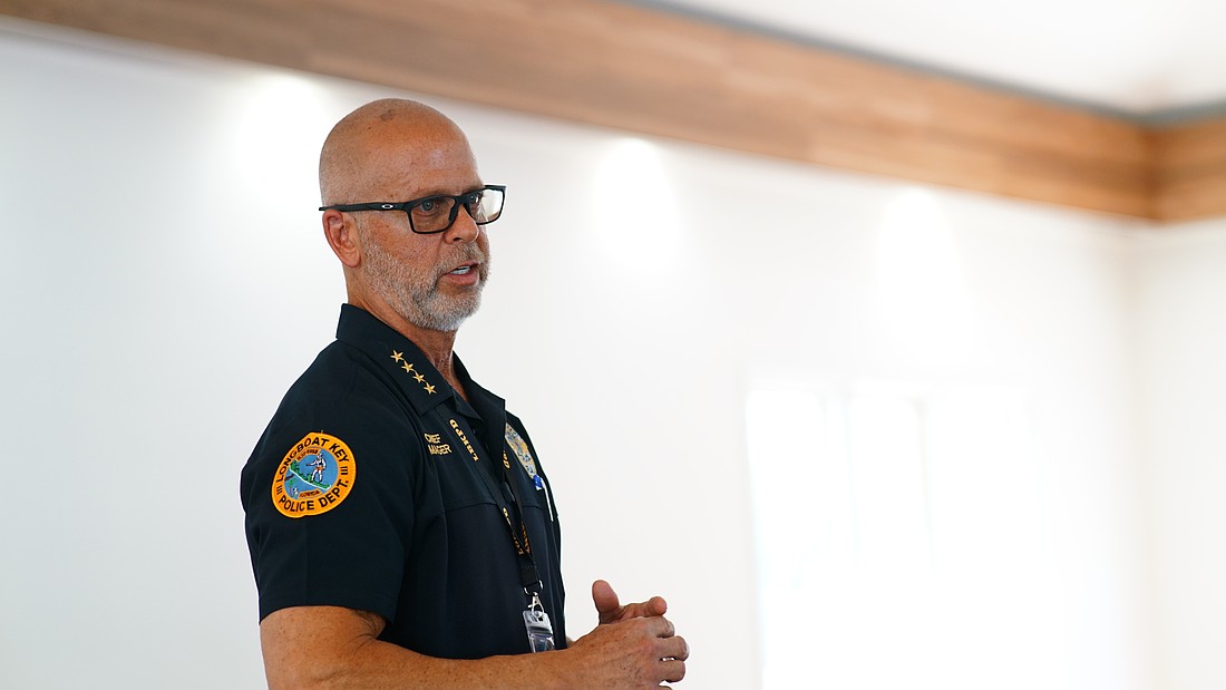 Longboat Key Police Chief Russ Mager speaks at a Rotary Club of Longboat Key meeting Tuesday, Sept. 16. Mager, who spent nearly three decades in law enforcement primarily in Delray Beach, said LBKPD has training requirements similar to the much larger city of Delray and that officers on the Key are well prepared for any event that may take place thanks to partnerships the department has with neighboring jurisdictions.