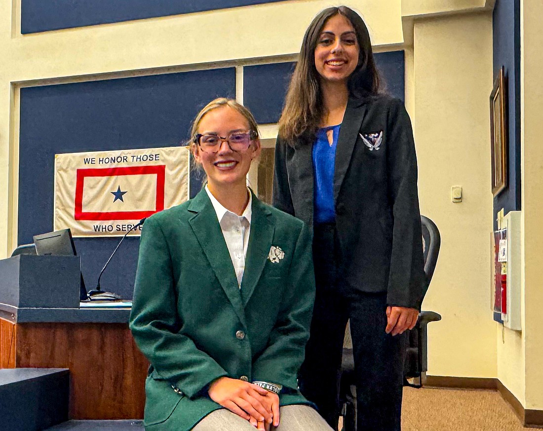Olivia Delgado of Flagler Palm Coast High School and Ava Muldoon of Matanzas High School — Flagler County Student School Board members for 2025-2026. Courtesy photo by Don Foley/Flagler Schools.