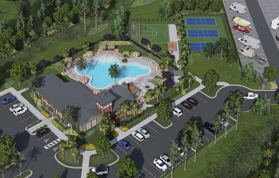 A rendering of The Landings by Pulte Homes amenity center. The project includes a fitness center, including a pool, a community garden, pickleball courts and 91 parking spaces.