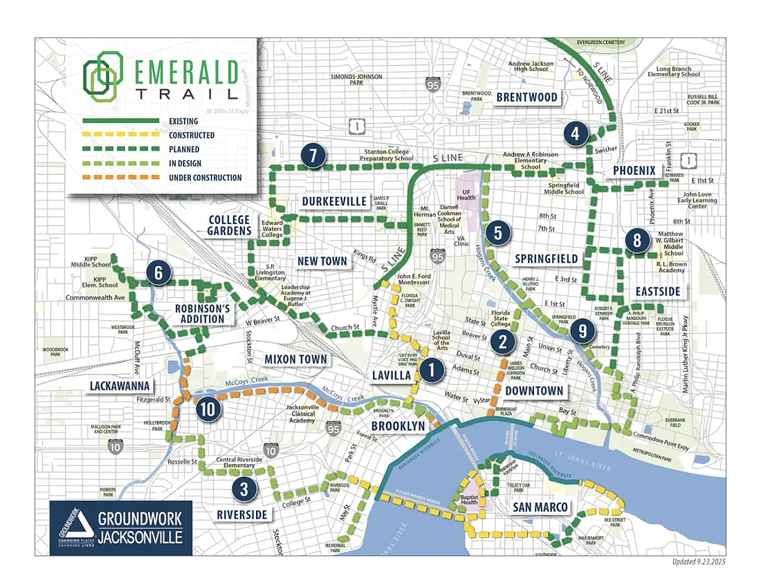 The Emerald Trail park system in Jacksonville encompasses Downtown and the neighborhoods to the north.