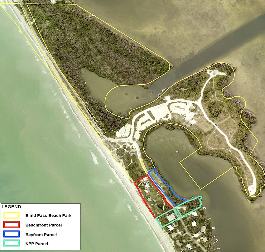 The Sarasota County-owned Blind Pass Beach Park on Manasota Key is outlined in red, the Hermitage Artist Retreat campus parcels within it in other colors.